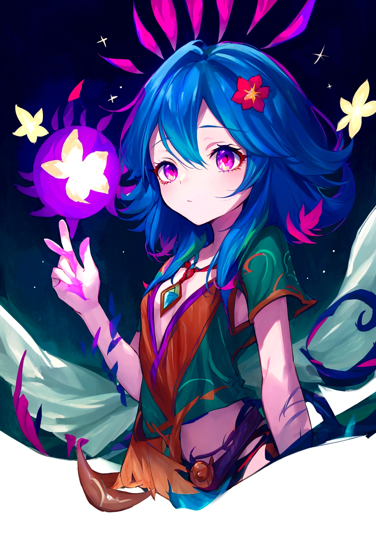 1 neeko,Alone,wide,He drowned,pink eyes,half closed eyes,small breasts,inclinación of cabeza,comforter,flower_of_Lapland_uniform,tied_shirt,Shooting Star,cropped torso,