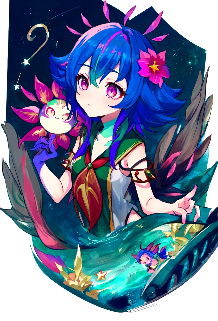 1 neeko,Alone,wide,He drowned,pink eyes,half closed eyes,small breasts,inclinación of cabeza,comforter,flower_of_Lapland_uniform,tied_shirt,Shooting Star,cropped torso,