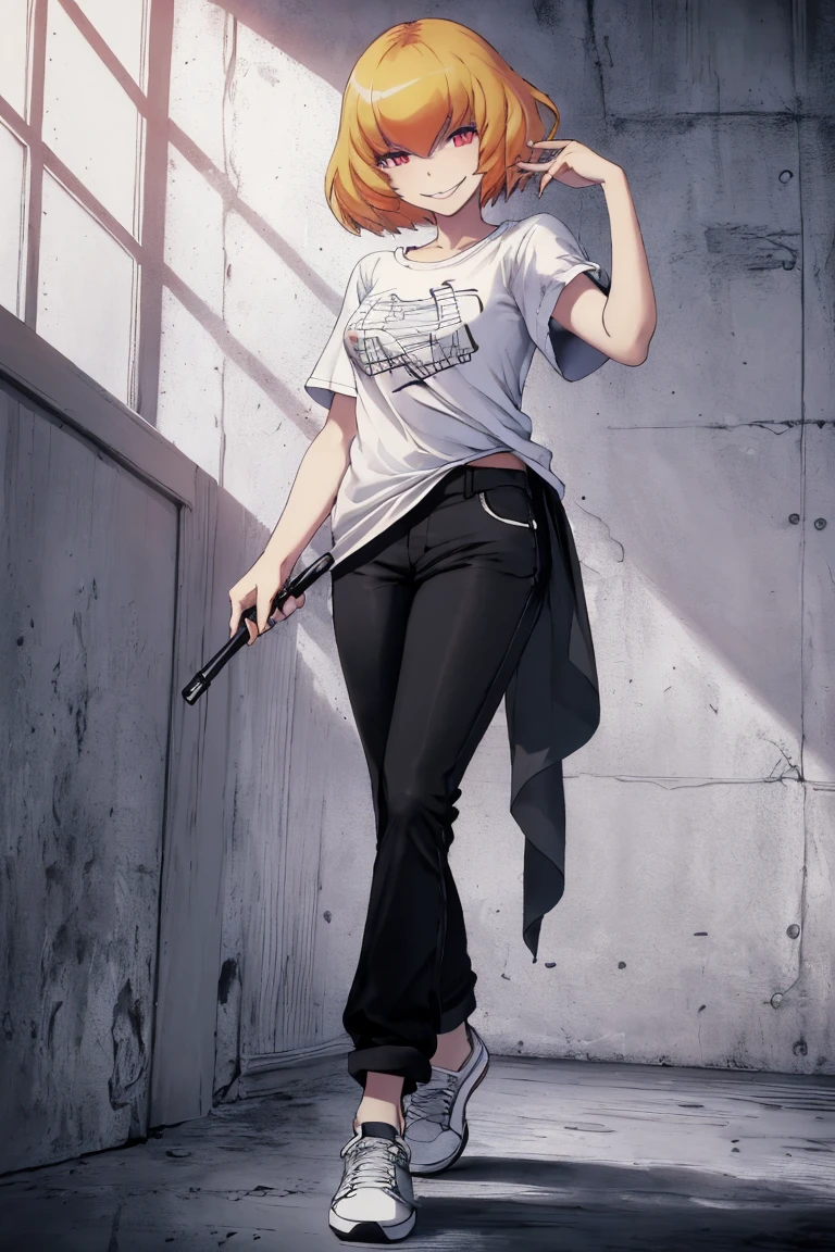 ((Highest quality)), ((masterpiece)), (be familiar with),Clementine,Overload,nsfw,Black and white t-shirt,No sleeve,Green Embroidery,White shoes,Fascinating,Black pants,Bewitching Smile,whole body