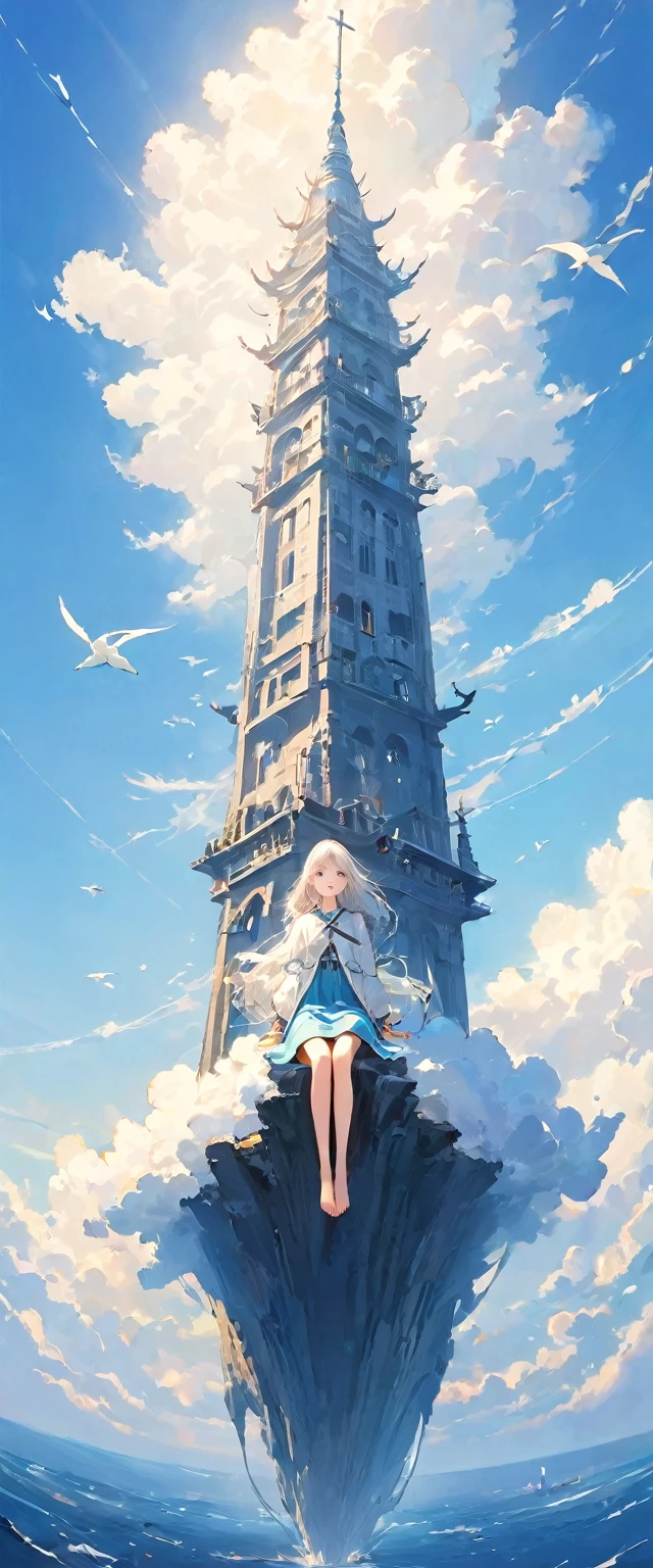 Beautiful and meticulous illustrations, Vivid colors,high resolution、8k、pretty girl、A girl、best quality、masterpiece、Detailed eyes and face, A slender tower rises into the sky、Cylindrical tower、Sea of Clouds、Blue sky、Sit cross-legged、Hair blowing in the wind、White hair、Gaze at the girl in the distance、White clothes、barefoot、Full body angle、Sea of Clouds