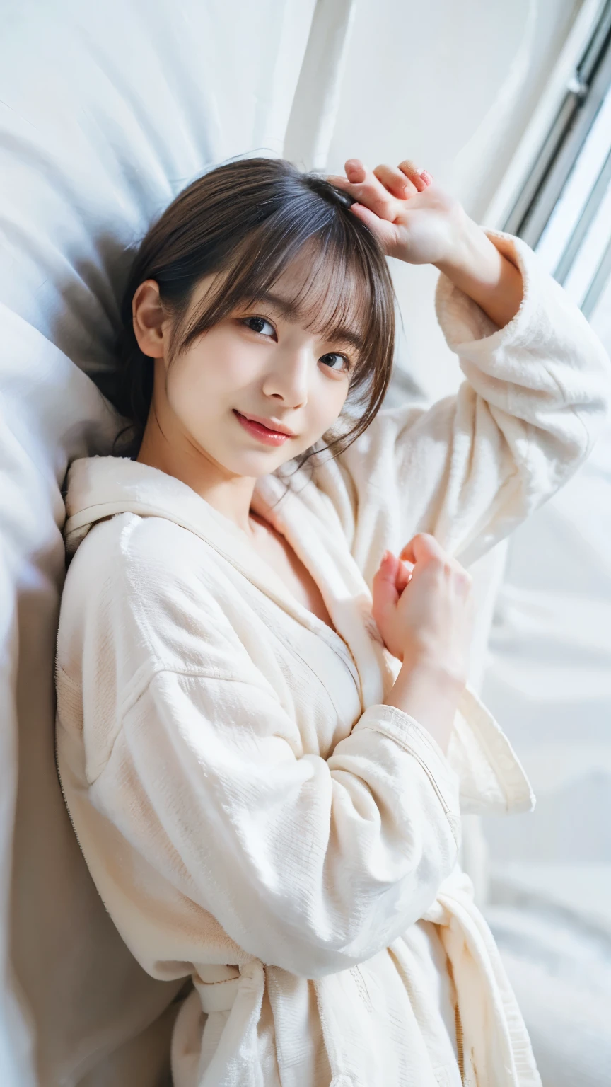 (8K、RAW Photos、Highest quality、masterpiece:1.2)、((Nipples、short hair、Flat Chest、smile))、(Realistic、Realistic)、1 Girl、((naked、Waking up、After sexual、morning、 Hotel Bedroom、Lying in bed、Bathrobes、smile))、cute