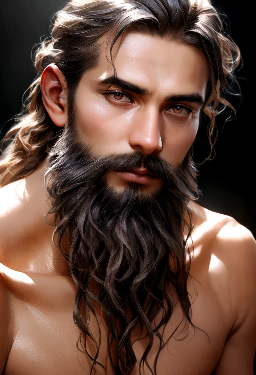 young man shreded, image till knees, nude with great beard and hair , hyper realistic,