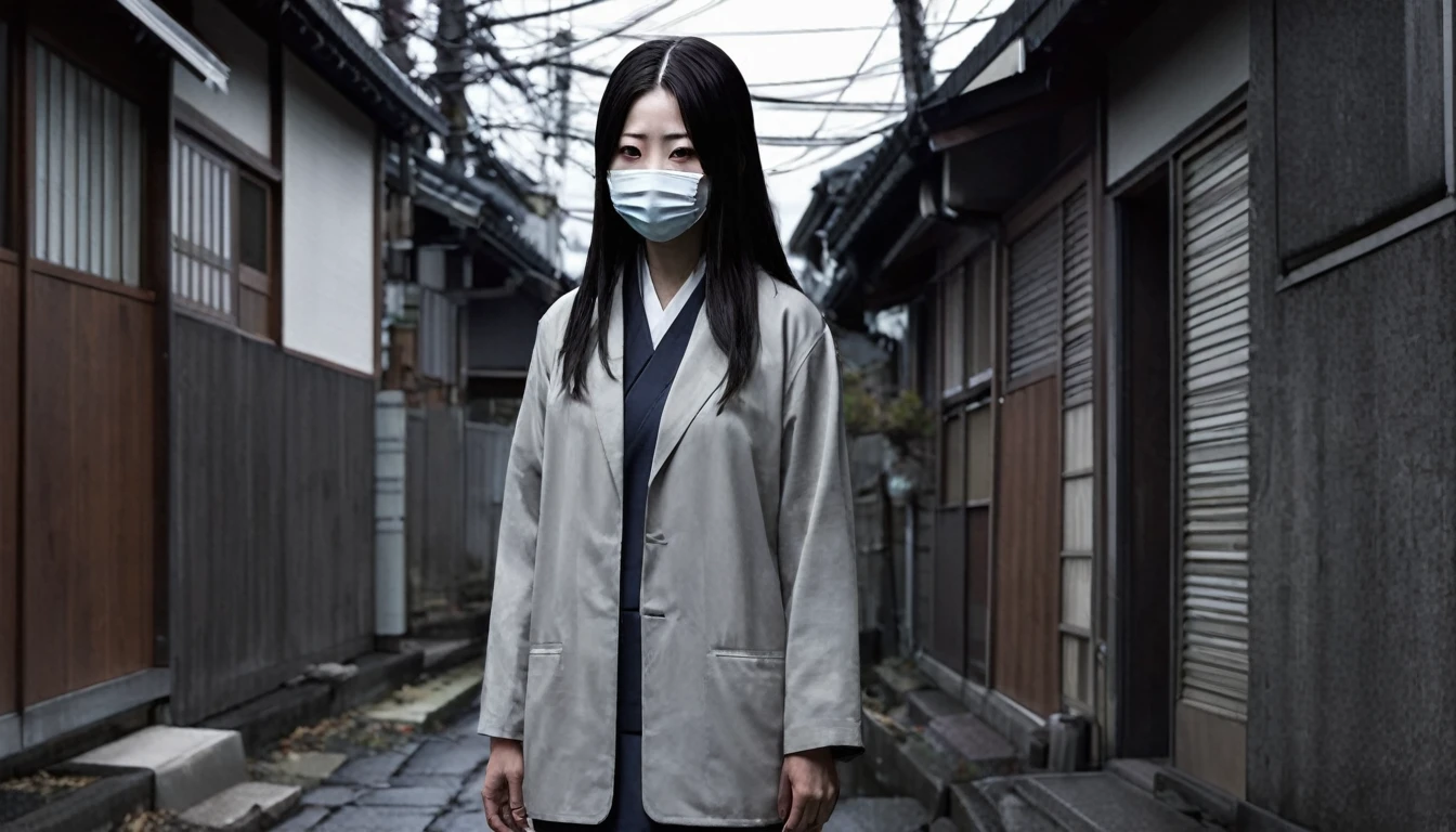 Create a digital artwork depicting a modern Japanese person standing in front of Kuchisake-onna. Both characters should be shown in full body. The modern Japanese person should be dressed in contemporary clothing, standing confidently but with a hint of curiosity or concern. Kuchisake-onna should have her traditional appearance, with her long, dark hair and a surgical mask covering her mouth, but her expression should be one of confusion rather than menace. The background can be a dimly lit urban street or alleyway, adding to the eerie atmosphere. Use a color palette that contrasts the modern character’s attire with the darker, more traditional look of Kuchisake-onna. The overall composition should capture the unusual and unexpected nature of this encounter."