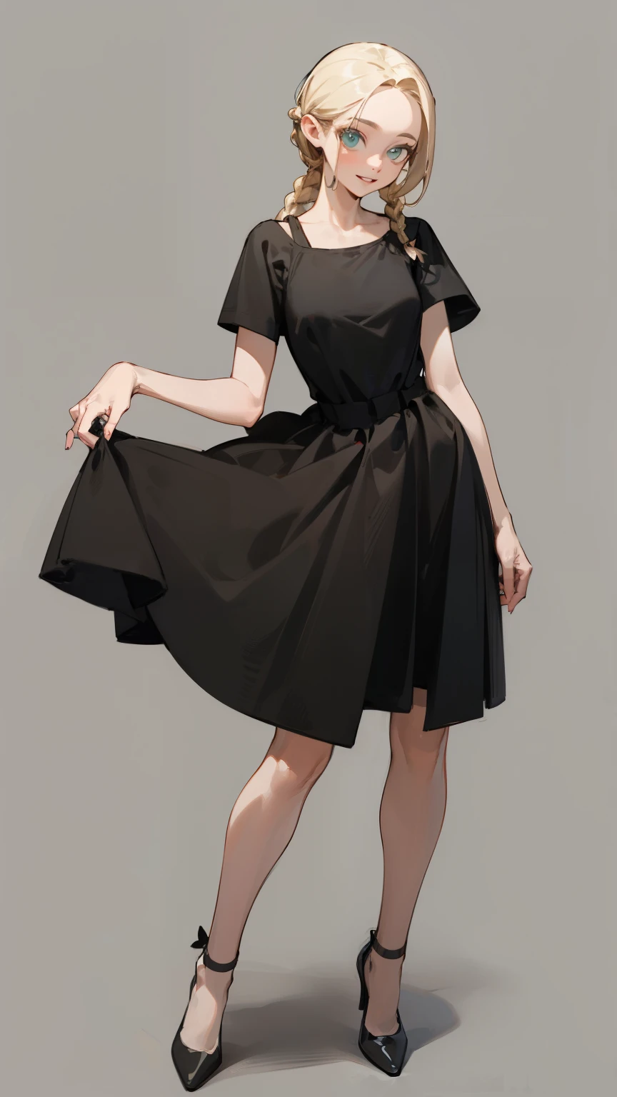 (masterpiece), ((best quality)), (super detailed), (beautiful eyes beautiful details eyes, Clean and delicate face), (whole body, standing posture), Single Braided blonde pony tail, parted bangs, forehead, smile, lips apart, wearing white short sleeve T-shirt, Layering black camisole one-piece mini dress, pumps, simple color background