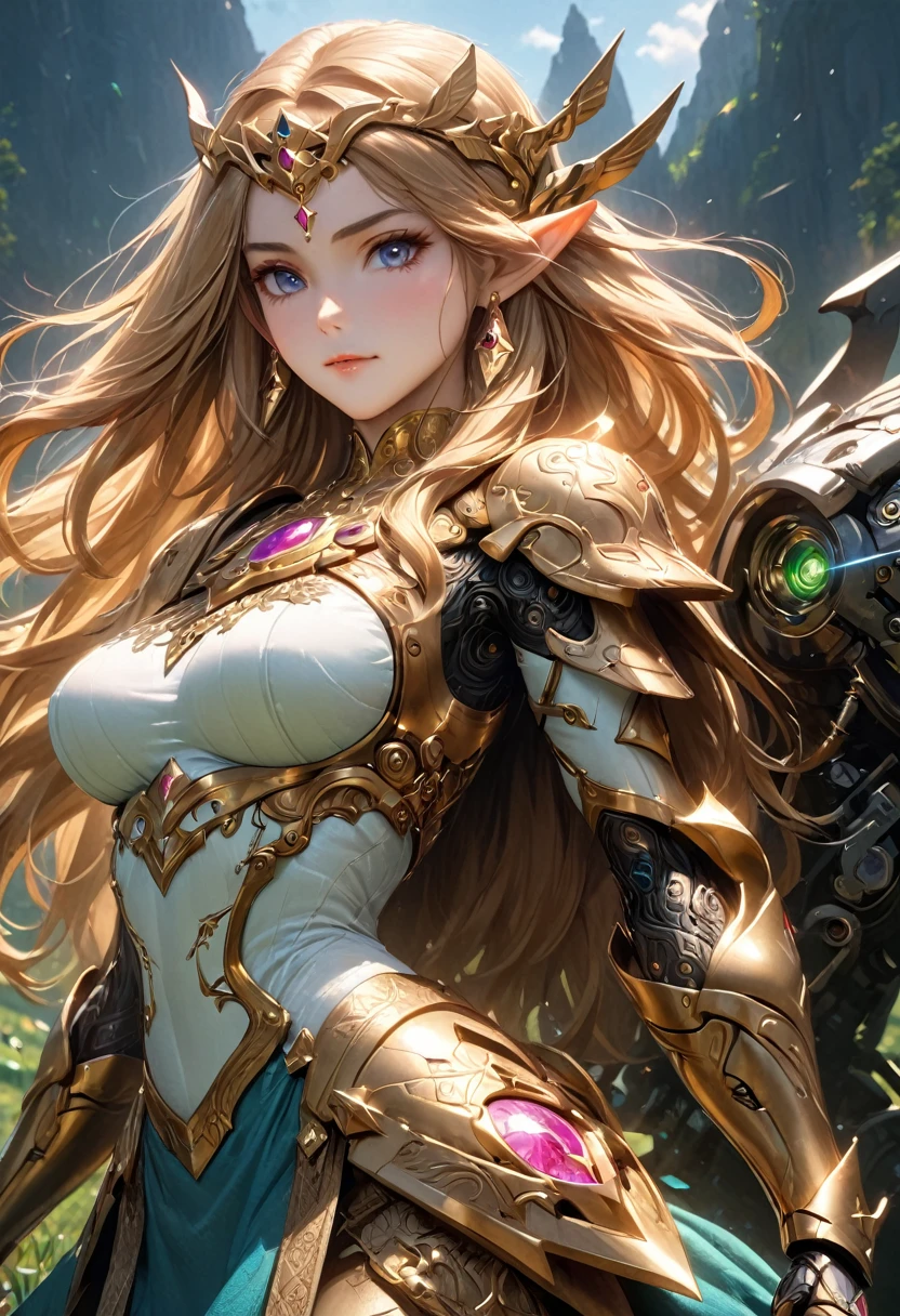 high details, best quality, 16k, [ultra detailed], masterpiece, best quality, (extremely detailed), full body, ultra wide shot, photorealistic, , fantasy art, dnd art, rpg art, realistic art, a wide angle, (((anatomically correct))) a wallpaper of an Princess Zelda, ready for battle with her mount (intense details, Masterpiece, best quality: 1.5),Princess Zelda (intense details, Masterpiece, best quality: 1.5), ultra detailed face, ultra feminine, fair skin, exquisite beauty, gold hair, long hair, wavy hair, small pointed ears, dynamic eyes color, wearing heavy mech armor, shinning metal, armed with elven sword, green meadows, blue skies background and some clouds background depth of field (intricate details, Masterpiece, best quality: 1.5), full body (intricate details, Masterpiece, best quality: 1.5), high details, best quality, highres, ultra wide angle, Mechanical Creatures