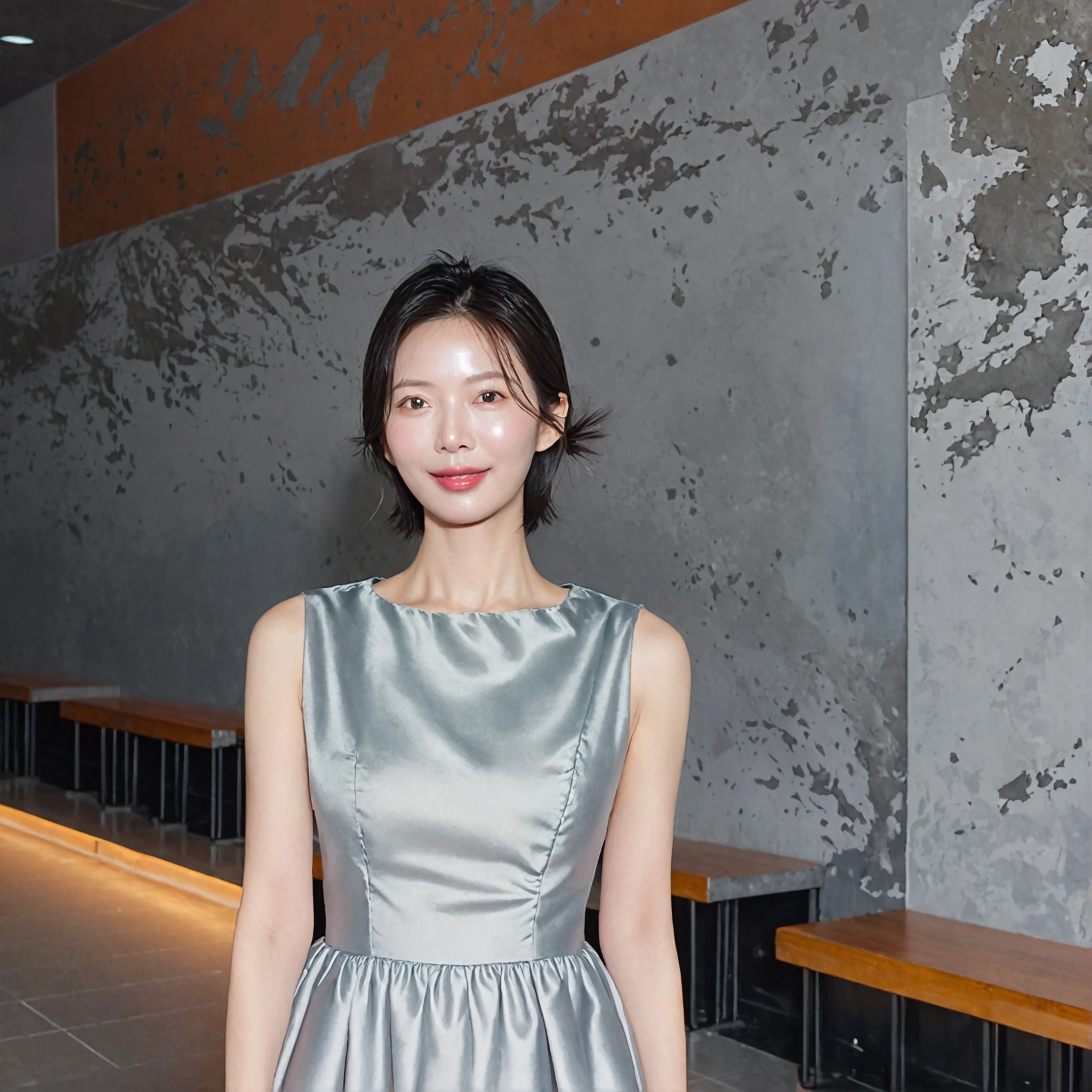 beautiful korean girl , 32 inch chest size, Your eyes are big and pretty. Standing in the departure hall of the airport. . short medium hair, A dress that completely covers the chest, laugh, uhd