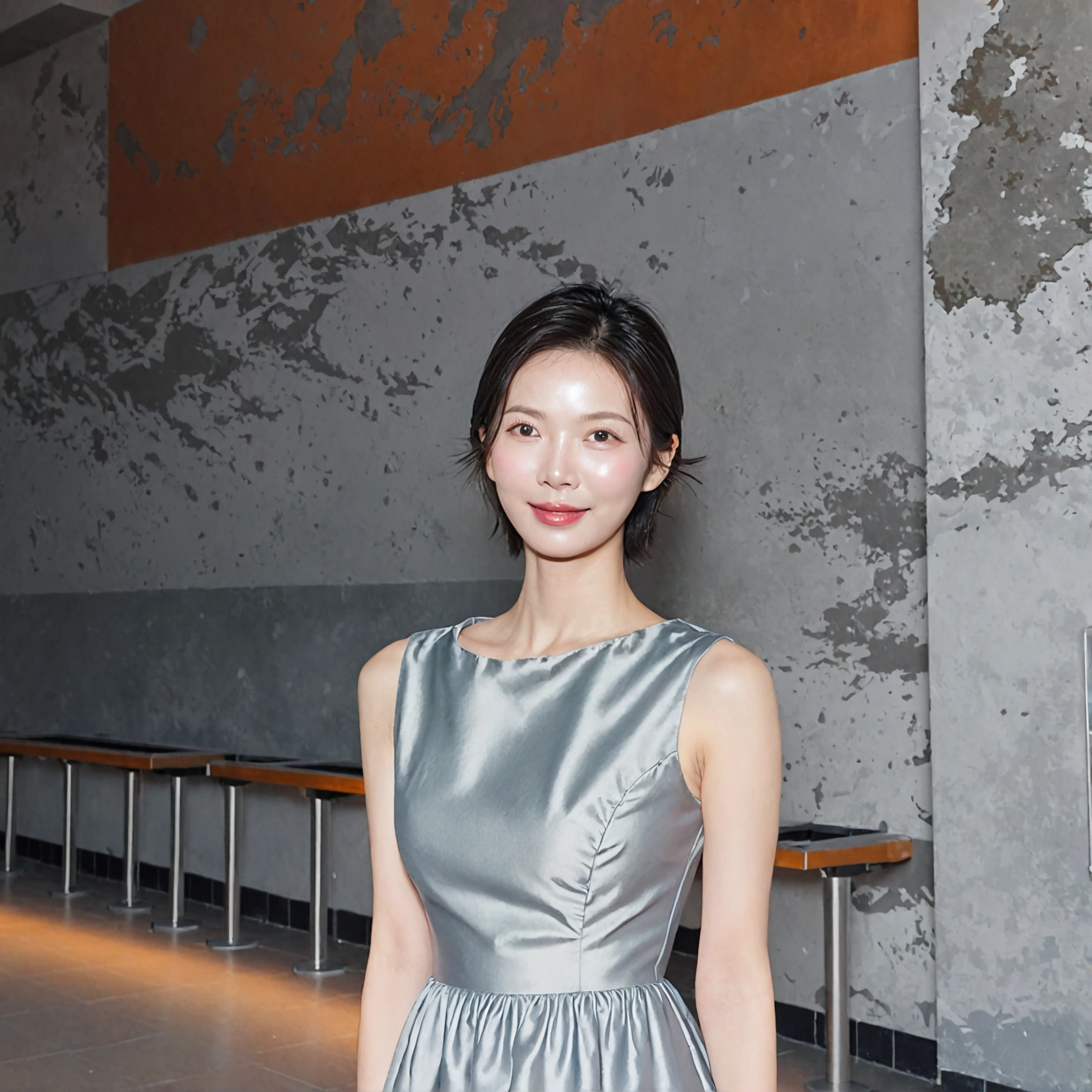 beautiful korean girl , 32 inch chest size, Your eyes are big and pretty. Standing in the departure hall of the airport. . short medium hair, A dress that completely covers the chest, laugh, uhd