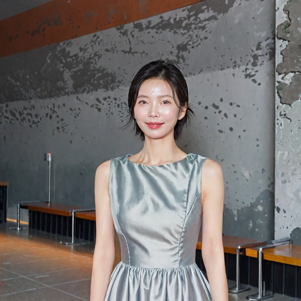 beautiful korean girl , 32 inch chest size, Your eyes are big and pretty. Standing in the departure hall of the airport. . short medium hair, A dress that completely covers the chest, laugh, uhd