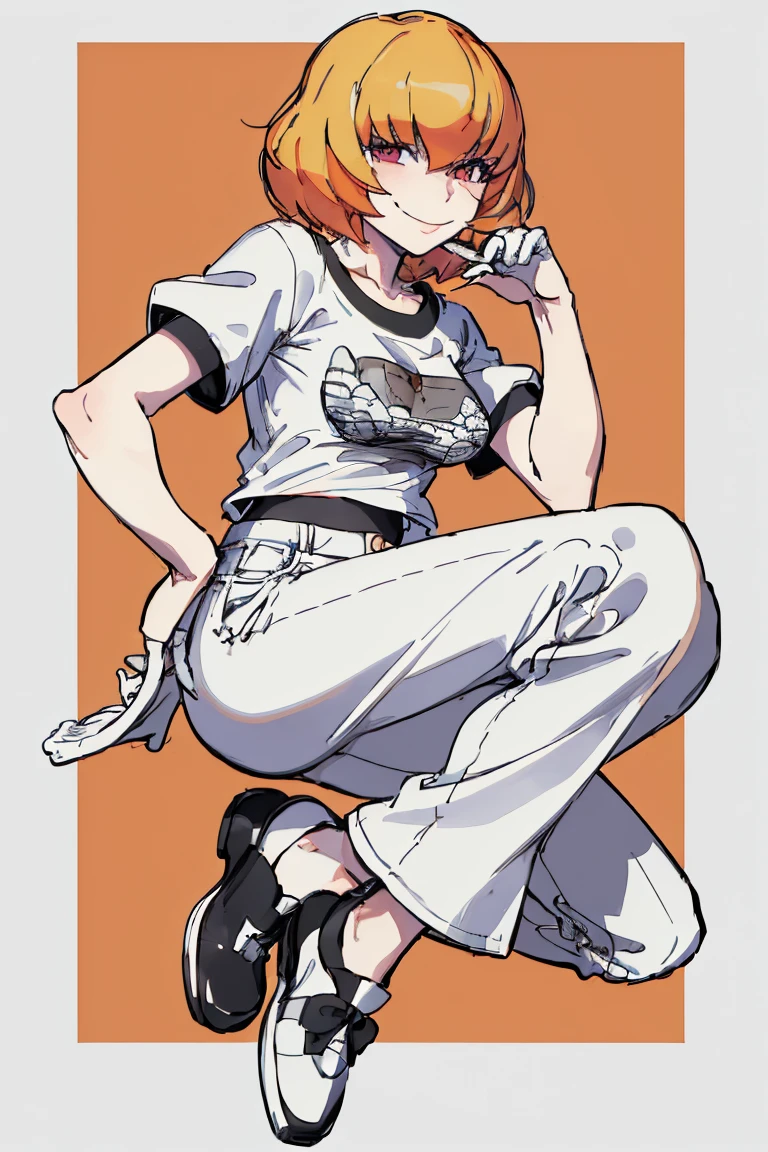 ((Highest quality)), ((masterpiece)), (be familiar with),Clementine,Overload,nsfw,Black and white t-shirt,No sleeve,Green Embroidery,White shoes,Fascinating,Black pants,Bewitching Smile,whole body