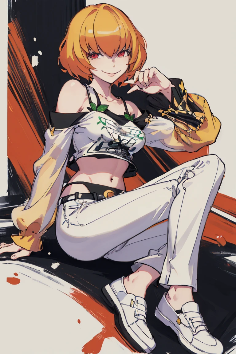 ((Highest quality)), ((masterpiece)), (be familiar with),Clementine,Overload,nsfw,Black and white t-shirt,No sleeve,Green Embroidery,White shoes,Fascinating,Black pants,Bewitching Smile,whole body