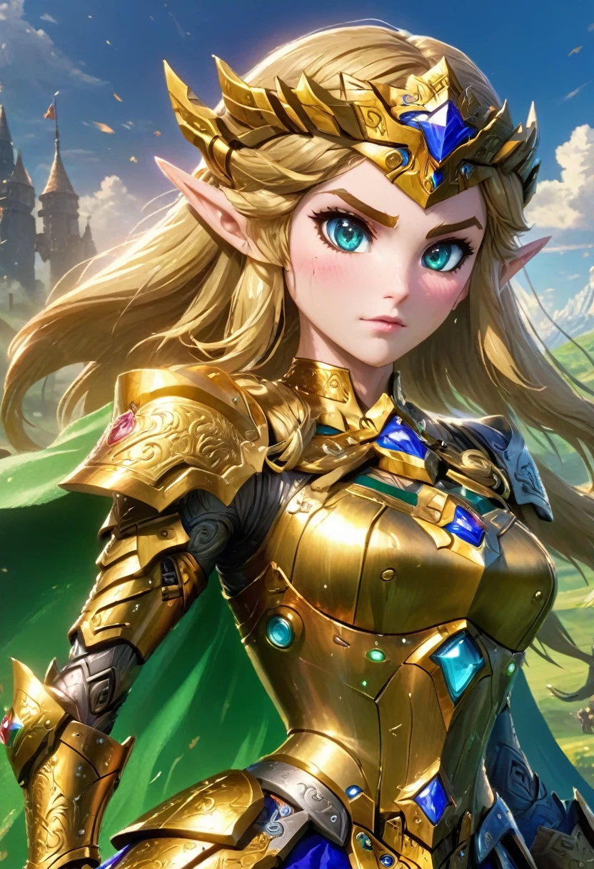 high details, best quality, 16k, [ultra detailed], masterpiece, best quality, (extremely detailed), full body, ultra wide shot, photorealistic, , fantasy art, dnd art, rpg art, realistic art, a wide angle, (((anatomically correct))) a wallpaper of an Princess Zelda, ready for battle with her mount (intense details, Masterpiece, best quality: 1.5),Princess Zelda (intense details, Masterpiece, best quality: 1.5), ultra detailed face, ultra feminine, fair skin, exquisite beauty, gold hair, long hair, wavy hair, small pointed ears, dynamic eyes color, wearing heavy mech armor, shinning metal, armed with elven sword, green meadows, blue skies background and some clouds background depth of field (intricate details, Masterpiece, best quality: 1.5), full body (intricate details, Masterpiece, best quality: 1.5), high details, best quality, highres, ultra wide angle, Mechanical Creatures