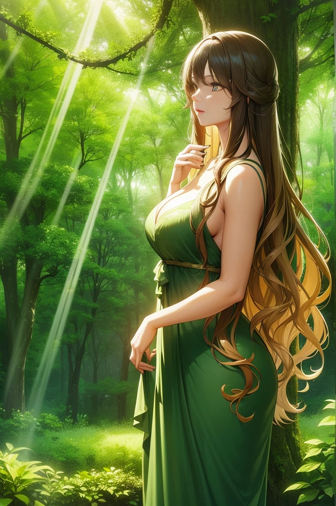 a beautiful woman singing in a lush forest, detailed face, long curly hair, sensual expression, wearing a flowing dress exposing shoulders, sunbeams filtering through the trees, dramatic lighting, cinematic composition, highly detailed, photorealistic, award winning digital art