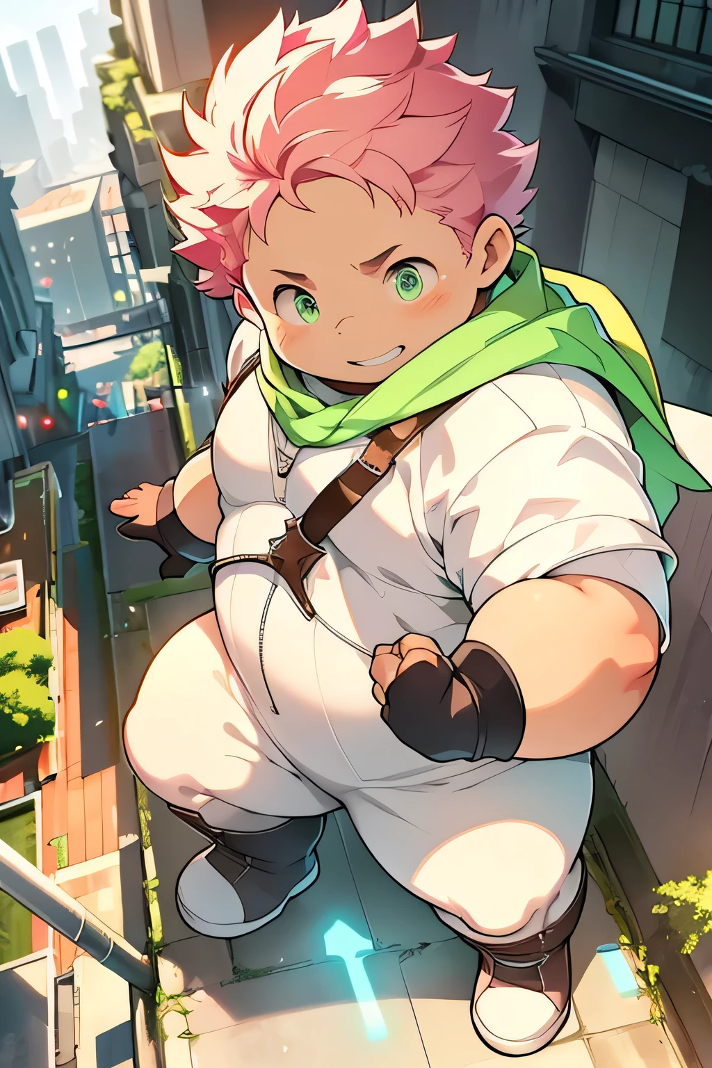 a cute chubby boy with pink short hair,glowing green eyes,wearing a white bodysuit and red cape,standing on top of a tall building,looking down from above,wearing black leather boots,proud expression