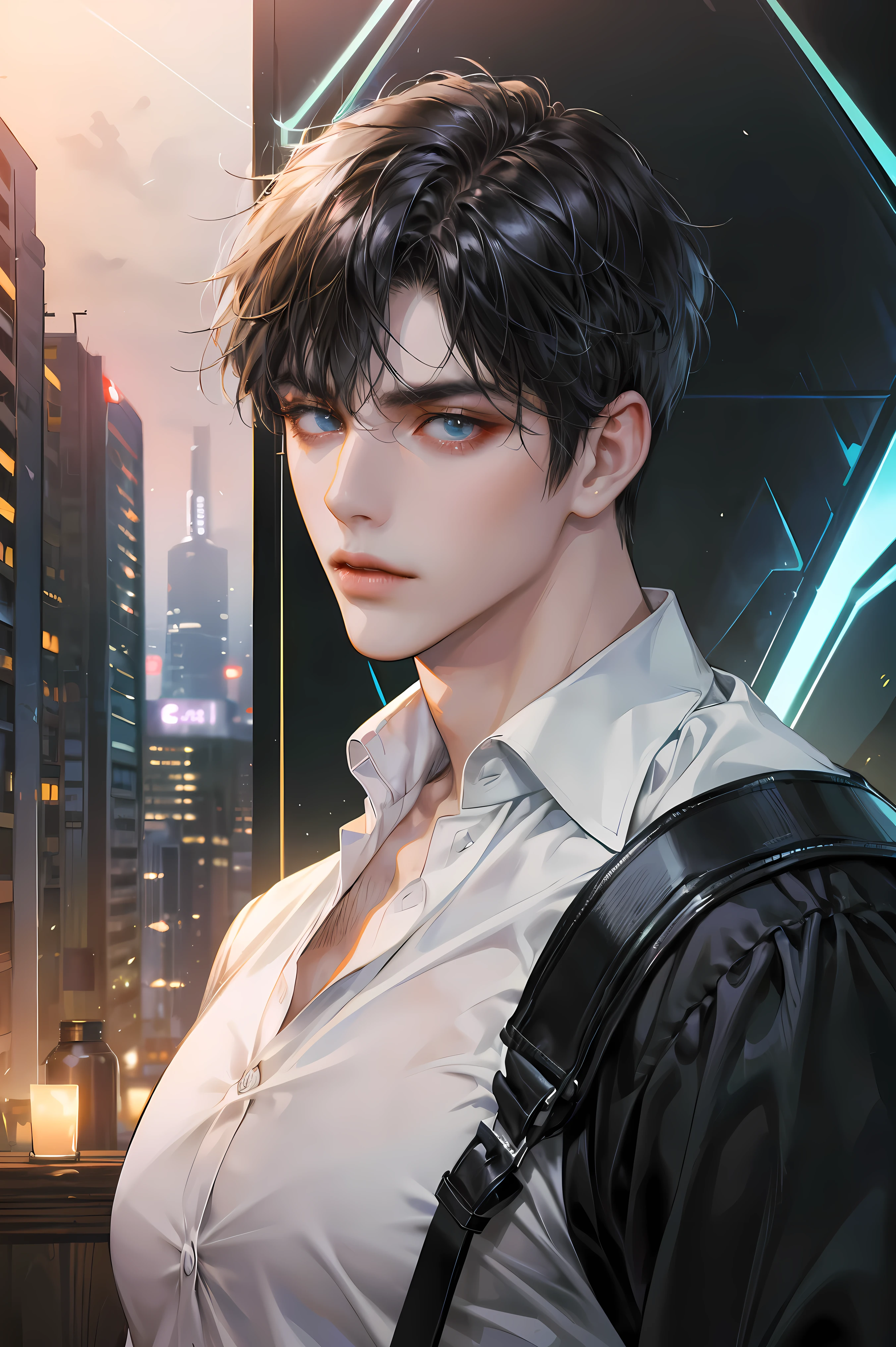 (absurdres, highres, ultra detailed, original character, HDR), 1 boy, solo, adult, handsome, ((tall muscular guy, broad shoulders)), finely detailed eyes, (black hair), hair between eyes, turquoise eyes, holographic, futuristic, casual and sexy outfit, gun holster, (body tight white shirt), ((large man breasts)), ((wearing an earring)), (portrait), dutch angle, face focused, british colonial scenery, dystopian hong kong city, skyscrapers, closed mouth, looking at viewer, depth of field, bokeh