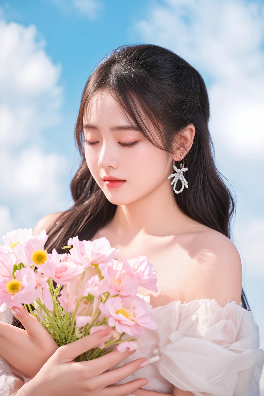 there is a woman holding a bouquet of flowers in her hands, with flowers, soft portrait shot 8 k, with bloom ethereal effects, dilraba dilmurat, ethereal beauty, inspired by Huang Ji, ulzzang, yanjun chengt, blooming, captured on canon eos r 6, hot with shining sun, lalisa manobal, inspired by Yanjun Cheng