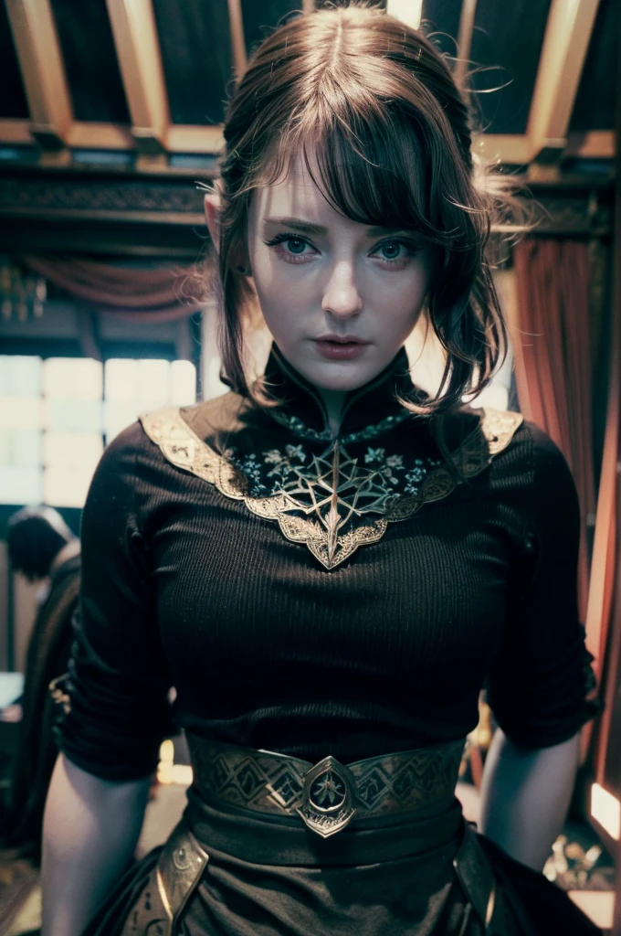 A muscle knight woman in realistic portrait of high quality and detail, 2000's movie style, Ella Freya (model), dark and mysterious atmosphere, pale skin, glow, eye shadow, 1woman, medieval fantasy, Depth & Perspective, anger on her face, long black hair, brown eyes, Mystical powers, black armor, fine face, She stands in front of an iron throne decorated with swords, indoors, the royal palace of the 19th century on the background, blue sky, white cloud, looking at viewer, (ultra-high detail:1.2), Masterpiece, Best Quality, Ultra-detailed, Cinematic lighting, 8K, delicate features, cinematic, 35 mm lens, f/1.9, highlight lighting, global lighting –uplight –v 4, cinematic, intense gaze, Cinematic lighting, 8K, high quality, Highest Quality, (Solo Focus), (extremly intricate:1.3), (Realistic), dramatic, masterful, Analog style, (Film grain:1.5), (warm hue, cold tone), a close up of a person surrounded, destruction behind back