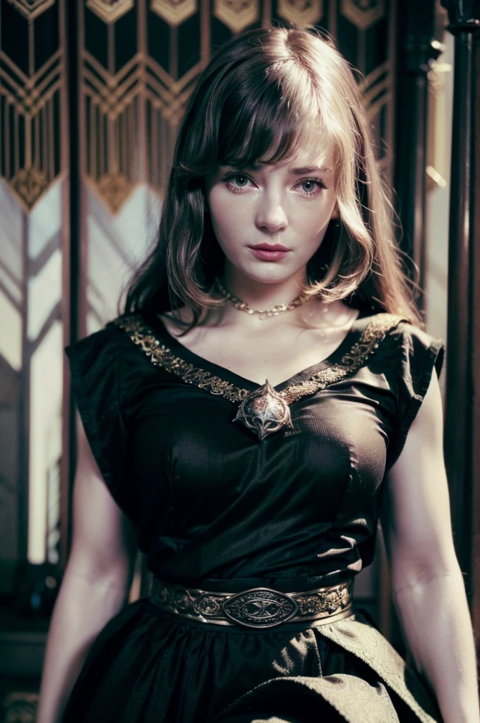 A muscle knight woman in realistic portrait of high quality and detail, 2000's movie style, Ella Freya (model), dark and mysterious atmosphere, pale skin, glow, eye shadow, 1woman, medieval fantasy, Depth & Perspective, anger on her face, long black hair, brown eyes, Mystical powers, black armor, fine face, She stands in front of an iron throne decorated with swords, indoors, the royal palace of the 19th century on the background, blue sky, white cloud, looking at viewer, (ultra-high detail:1.2), Masterpiece, Best Quality, Ultra-detailed, Cinematic lighting, 8K, delicate features, cinematic, 35 mm lens, f/1.9, highlight lighting, global lighting –uplight –v 4, cinematic, intense gaze, Cinematic lighting, 8K, high quality, Highest Quality, (Solo Focus), (extremly intricate:1.3), (Realistic), dramatic, masterful, Analog style, (Film grain:1.5), (warm hue, cold tone), a close up of a person surrounded, destruction behind back