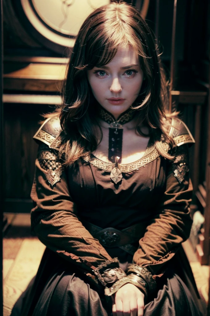 A muscle knight woman in realistic portrait of high quality and detail, 2000's movie style, Ella Freya (model), dark and mysterious atmosphere, pale skin, glow, eye shadow, 1woman, medieval fantasy, Depth & Perspective, anger on her face, long black hair, brown eyes, Mystical powers, black armor, fine face, She stands in front of an iron throne decorated with swords, indoors, the royal palace of the 19th century on the background, blue sky, white cloud, looking at viewer, (ultra-high detail:1.2), Masterpiece, Best Quality, Ultra-detailed, Cinematic lighting, 8K, delicate features, cinematic, 35 mm lens, f/1.9, highlight lighting, global lighting –uplight –v 4, cinematic, intense gaze, Cinematic lighting, 8K, high quality, Highest Quality, (Solo Focus), (extremly intricate:1.3), (Realistic), dramatic, masterful, Analog style, (Film grain:1.5), (warm hue, cold tone), a close up of a person surrounded, destruction behind back