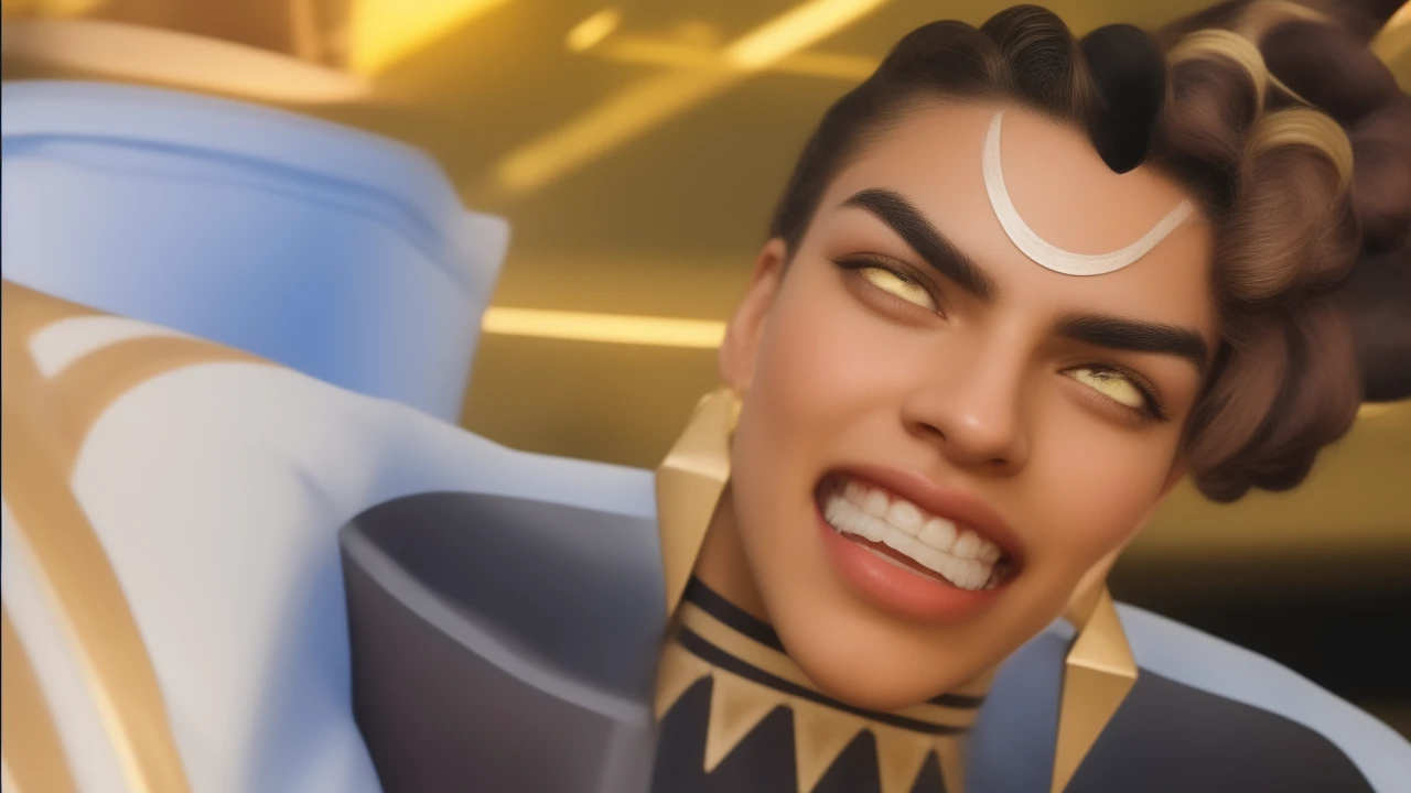 Straight teeth, white eyes, blonde hair, thick eyebrows,