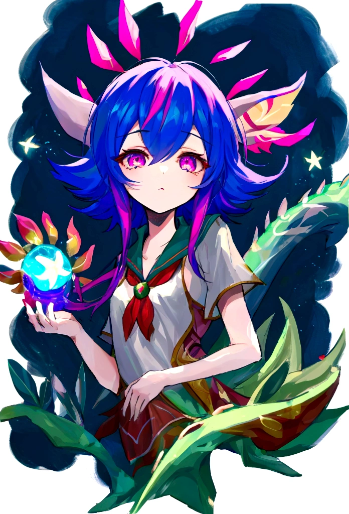 1 neeko,Alone,wide,He drowned,pink eyes,half closed eyes,small breasts,inclinación of cabeza,comforter,flower_of_Lapland_uniform,tied_shirt,Shooting Star,cropped torso,