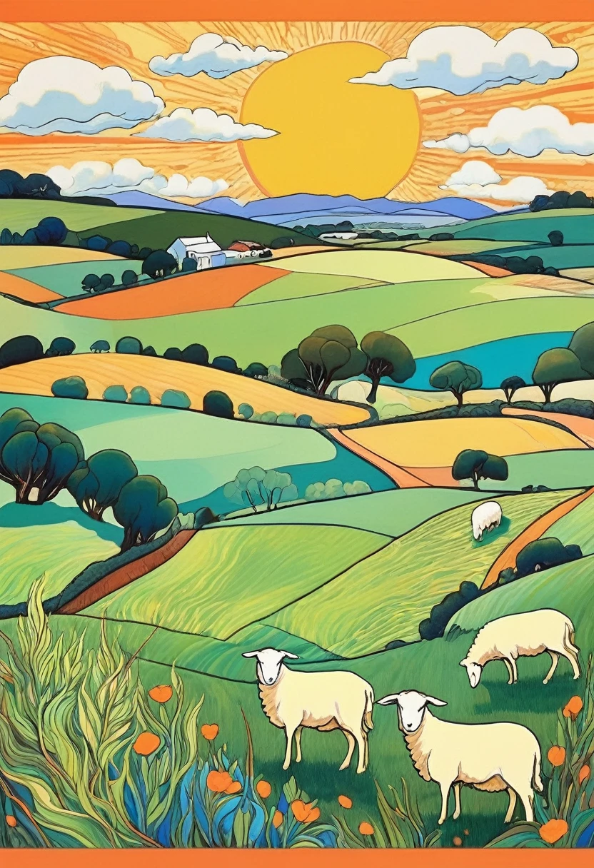 Brett Whiteley-style colorful illustration of the Australian countryside, rolling hills, Green pastures, and grazing sheep, with blue sky, Orange sun and white clouds, fauvism