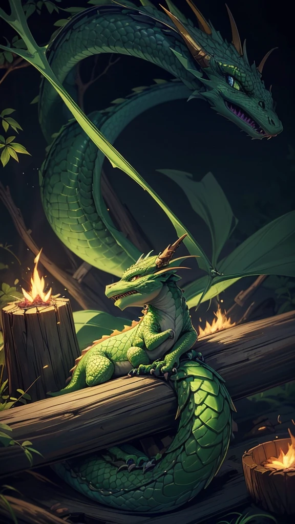 Show a  dragon sleeping on a campfire. The dragon is green and surrounded by darkness. Only the logs and the dragon glow