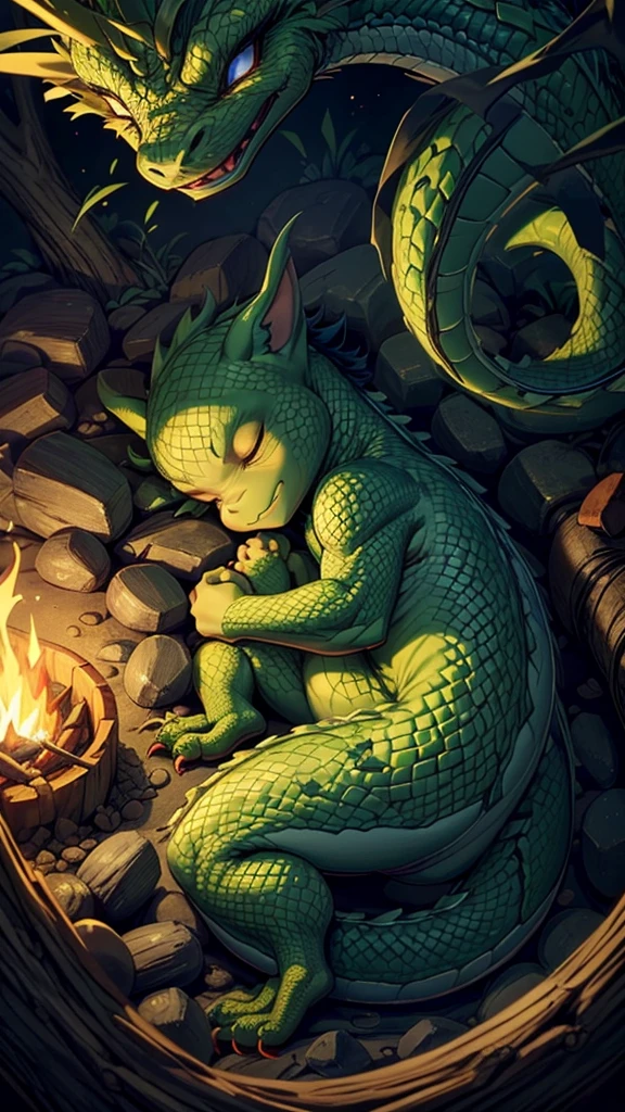 Show a little baby dragon sleeping on a campfire. The dragon is green and surrounded by darkness. Only the logs and the dragon glow