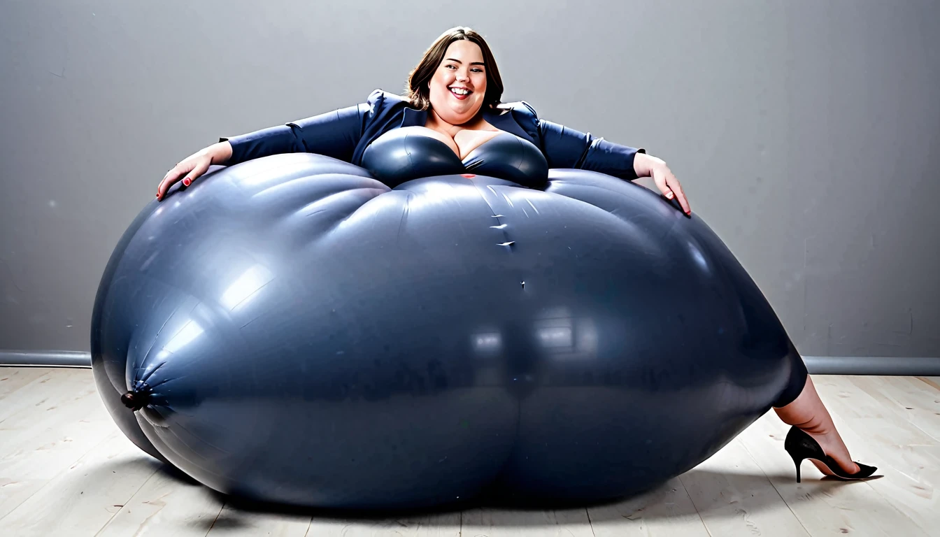 Thick bottom heavy, curvy, wide hipped 30 year old british woman, she is wearing a business suit, she is laying on her belly, she gets bloated and inflated like a gigantic fat air baloon, she is laughing as her wife rolls her giant balooned body away