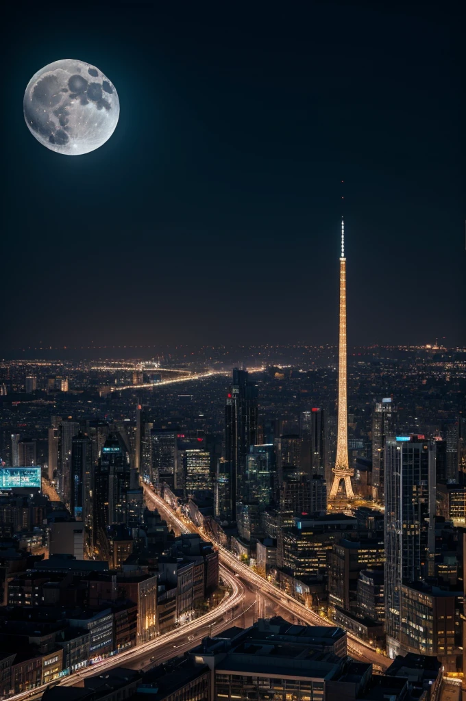 City at night with illuminated buildings ,moon avenue
