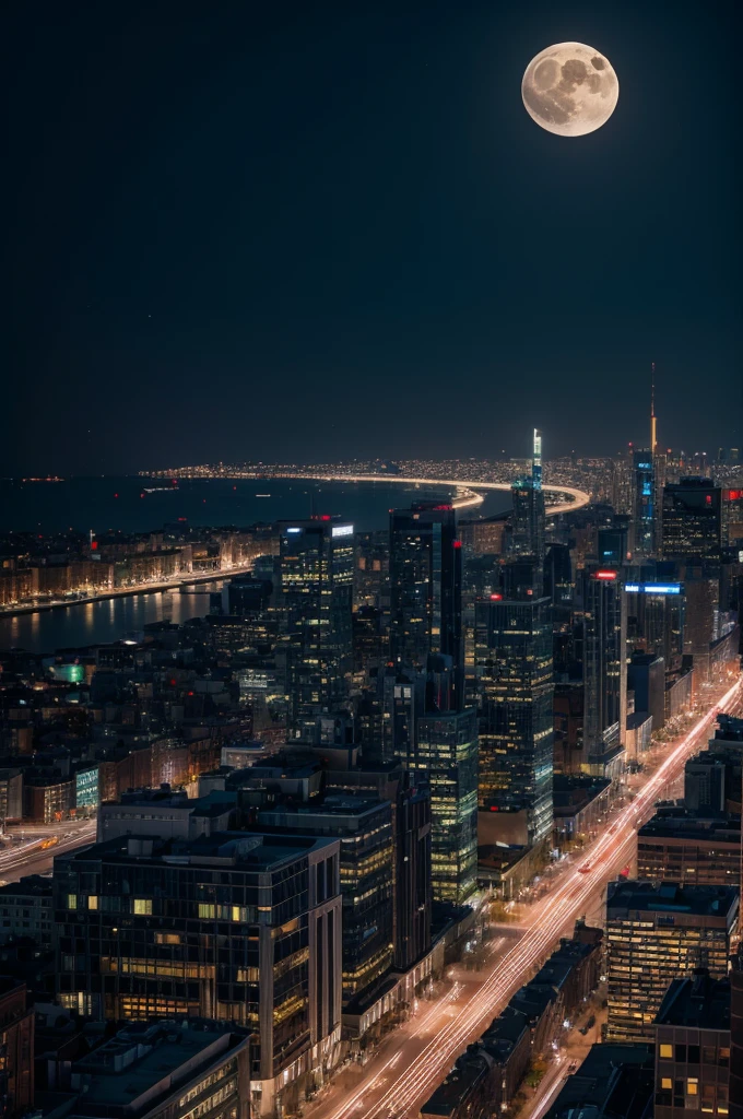 City at night with illuminated buildings ,moon avenue