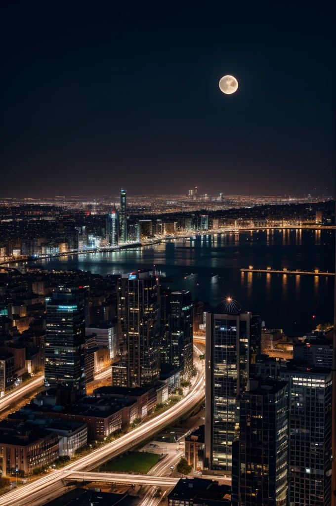 City at night with illuminated buildings ,moon avenue