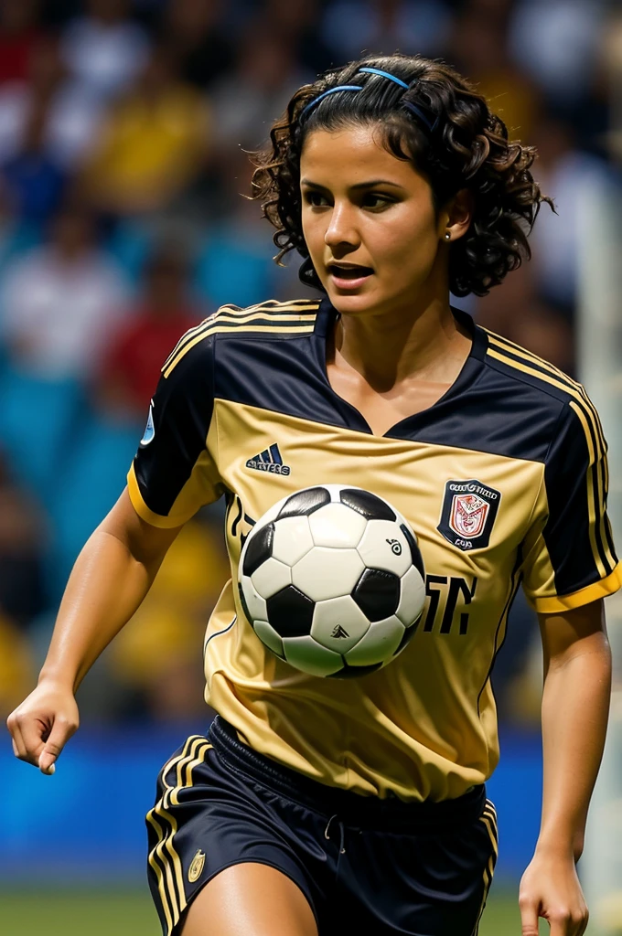 A woman with short wavy hair , robusta, vuluptuous,wearing a soccer jersey 