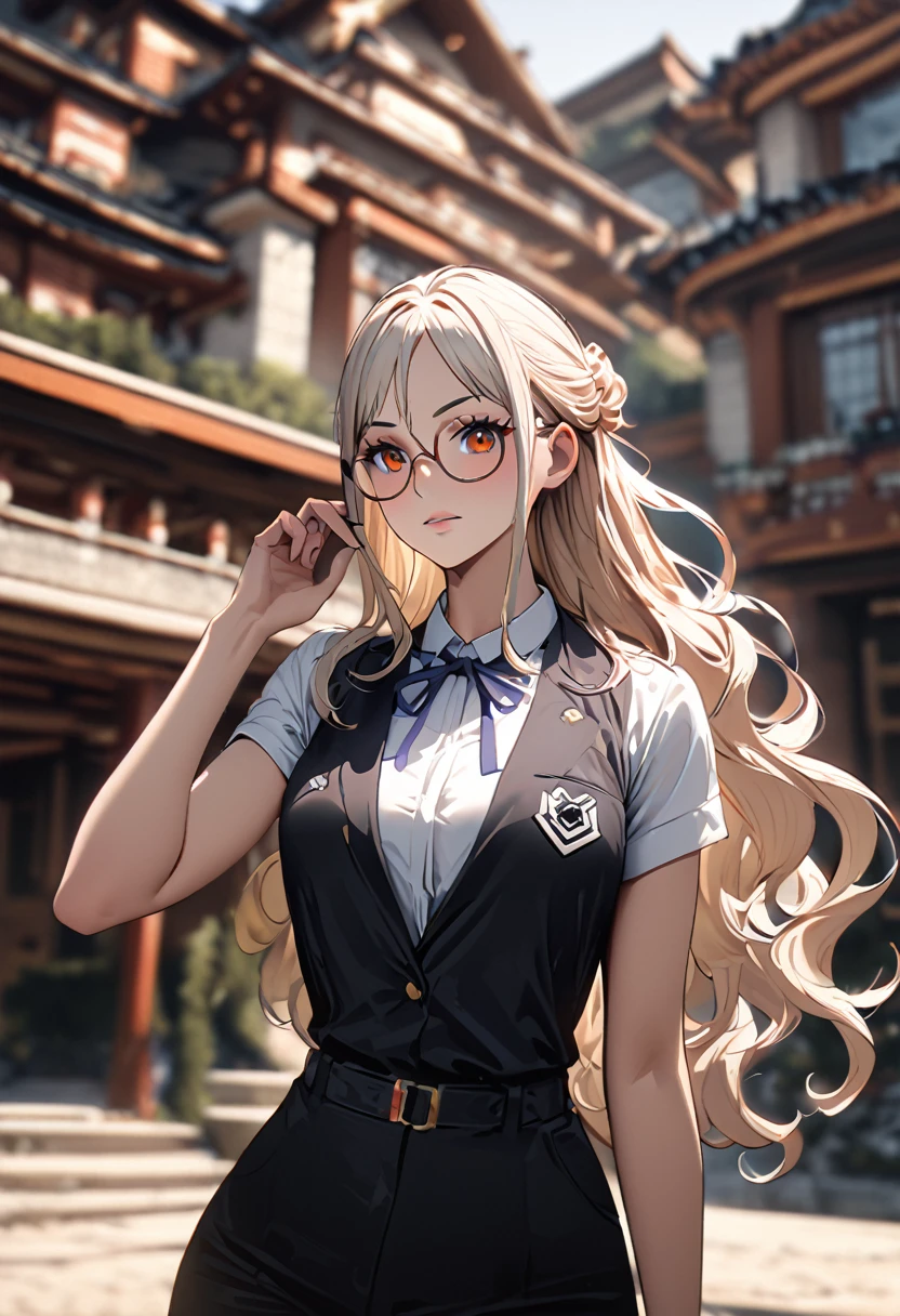 masterpiece, best quality), intricate details, 1 girl, woman, yamato \ (one piece\), (long hair), clothes, wearing secretary uniform, wearing glasses,luxury house, scenery, ((front view)) ((close up shot)) ((solo)), detailed, very high resolution, no blurry image, full body, orange eyes, sligh wavy hair, ((yamato from one piece)) ((female yamato from one piece))
