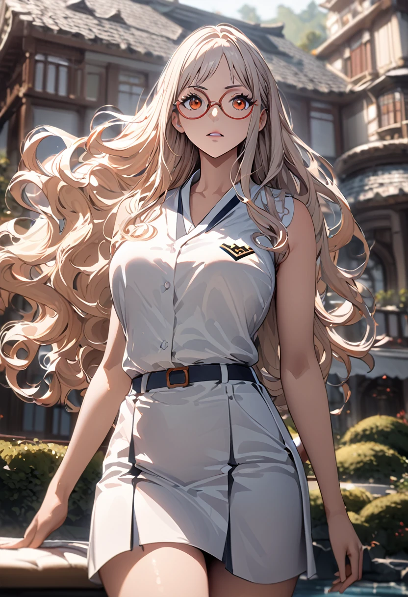 masterpiece, best quality), intricate details, 1 girl, woman, yamato \ (one piece\), (long hair), clothes, wearing secretary uniform, wearing glasses,luxury house, scenery, ((front view)) ((close up shot)) ((solo)), detailed, very high resolution, no blurry image, full body, orange eyes, sligh wavy hair, ((yamato from one piece)) ((female yamato from one piece))