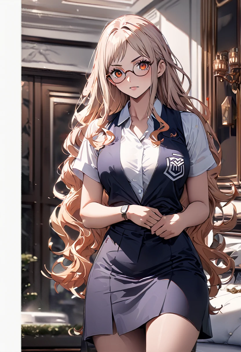 masterpiece, best quality), intricate details, 1 girl, woman, yamato \ (one piece\), (long hair), clothes, wearing secretary uniform, wearing glasses,luxury house, scenery, ((front view)) ((close up shot)) ((solo)), detailed, very high resolution, no blurry image, full body, orange eyes, sligh wavy hair, ((yamato from one piece)) ((female yamato from one piece))