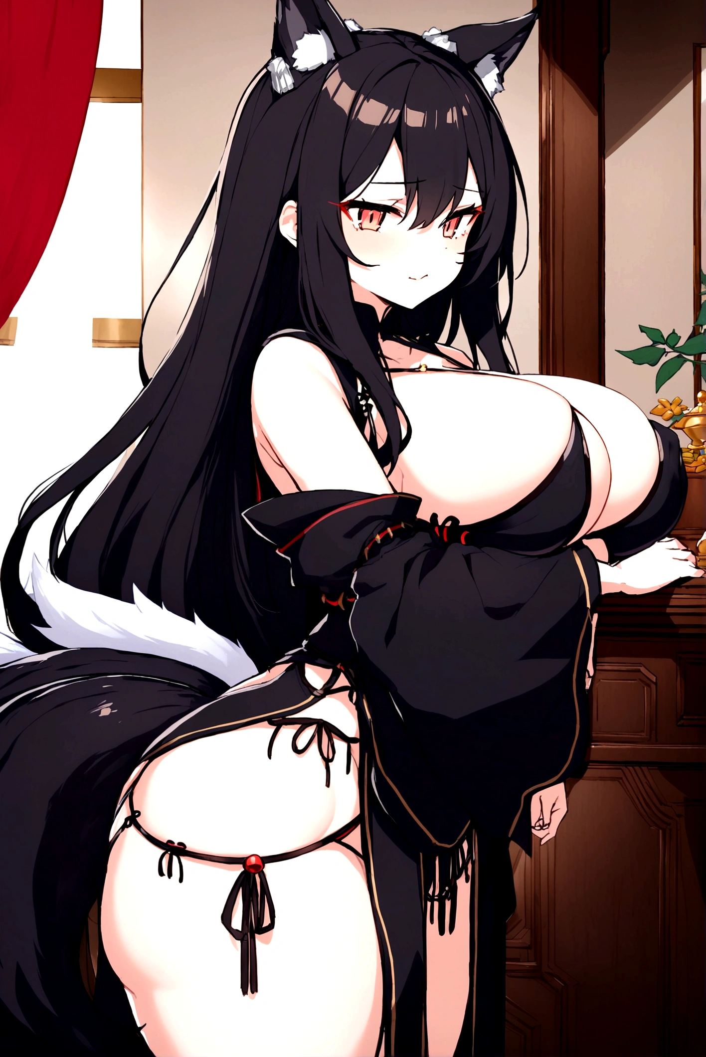 Massive booba, long hair, black tail fox, 8 tail