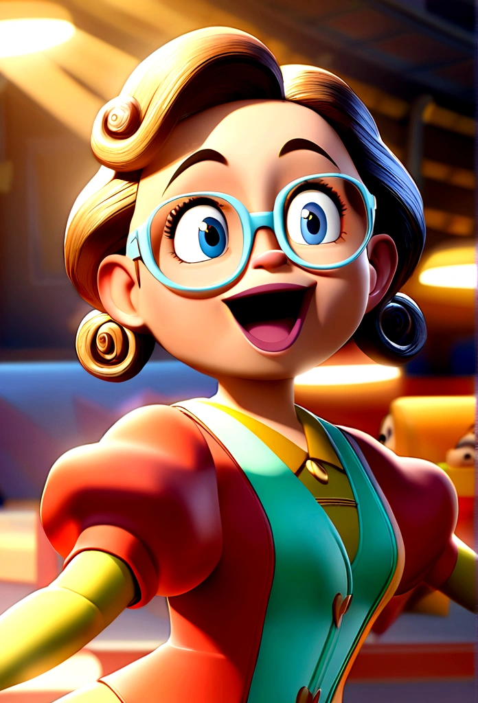 Pixar style image with 3D character white glasses brunette woman short curly hair dancing, Maquiagem Disney,Pescador, bonitinho, sorridente ,Close-up, Pixar, Disney, Cinema lighting,