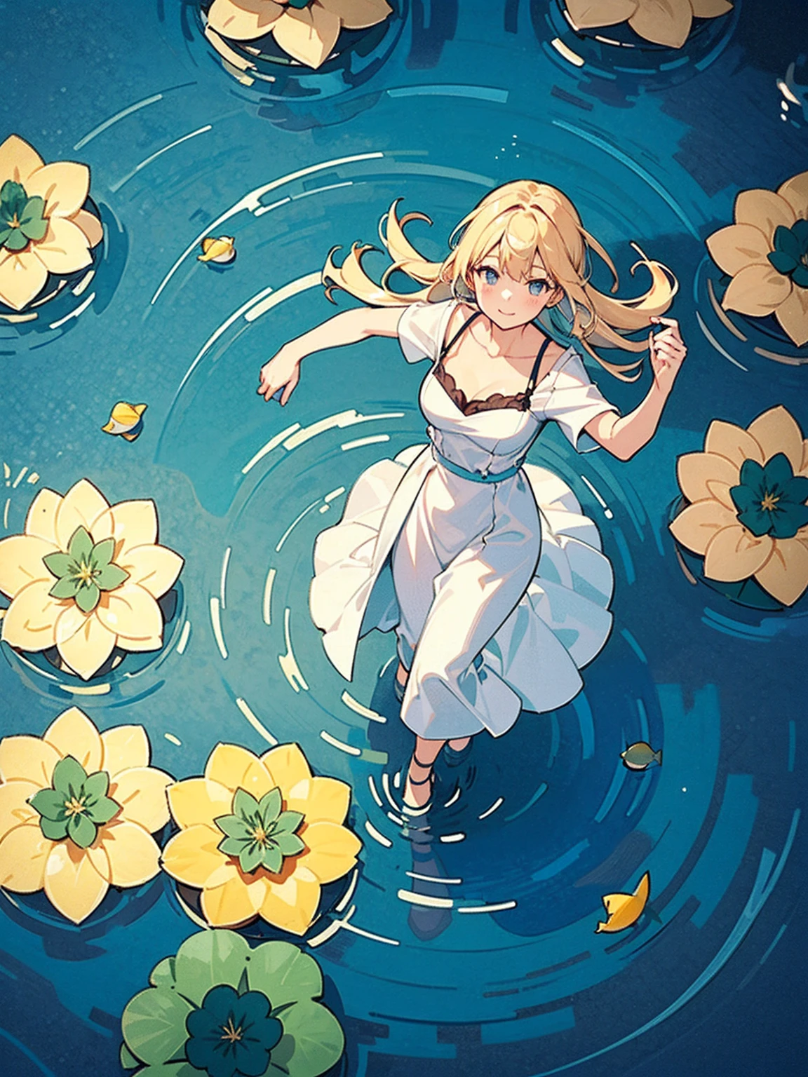 Woman walking on calm water, ((from above:1.5)), From above, Overlooking、Dancing Woman、Bottom Fish, lotus, Pool
