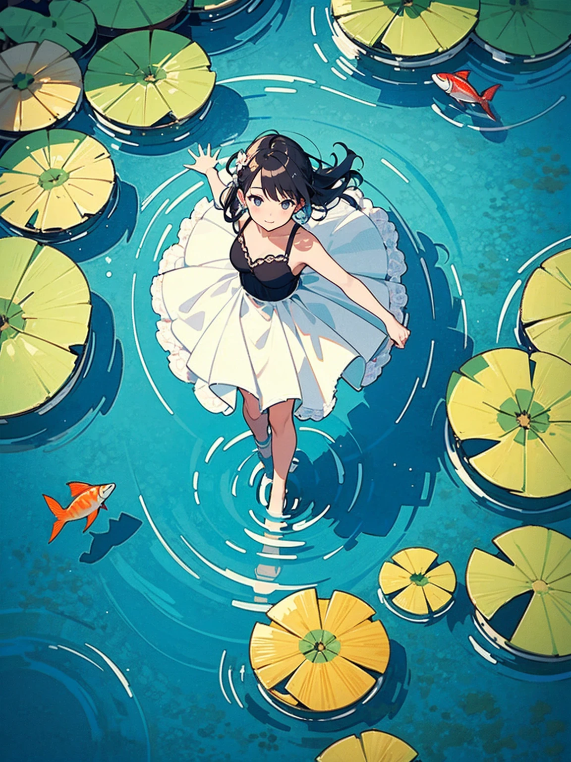 Woman walking on calm water, ((from above:1.5)), From above, Overlooking、Dancing Woman、Bottom Fish, lotus, Pool
