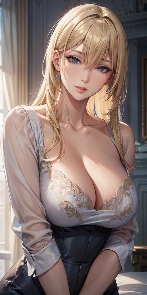 Elegant mature woman, milf, blue eyes, blonde hair, soft light, high detailed, 4k resolution, high quality, beautiful cg