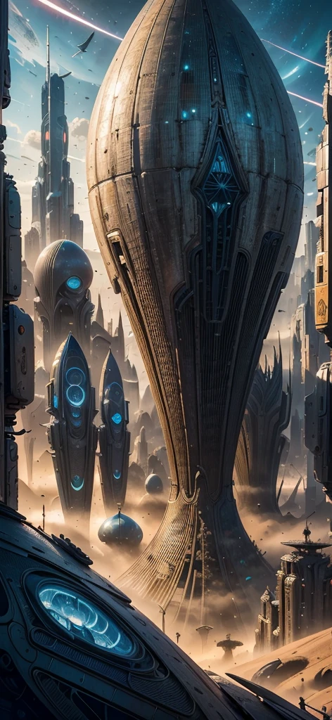 there is a painting of a futuristic city with a giant robot head, jodorowsky's dune, insanely detailed matte painting, peter gric and dan mumford, intricate matte painting, jodorowsky's dune movie, style of john harris, jean giraud 8 k, hyperdetailed matte painting, intricate environments, stunning sci-fi concept art, cgsociety )  