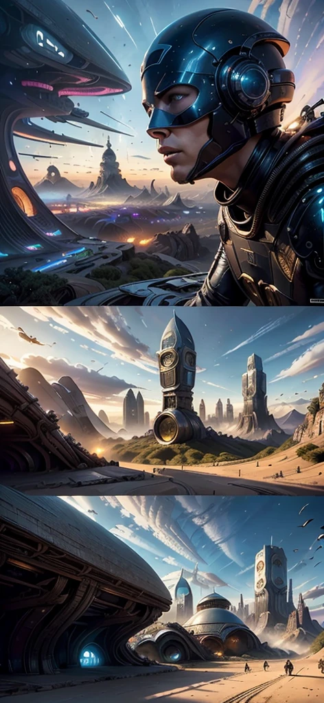 there is a painting of a futuristic city with a giant robot head, jodorowsky's dune, insanely detailed matte painting, peter gric and dan mumford, intricate matte painting, jodorowsky's dune movie, style of john harris, jean giraud 8 k, hyperdetailed matte painting, intricate environments, stunning sci-fi concept art, cgsociety )