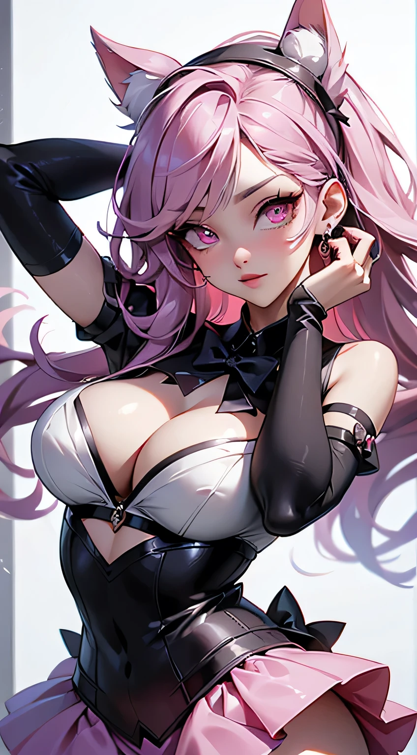 Ariana Grande 裙子 in a suit standing on a bridge., y 2 k cutecore clown core, Maid costume,  en Skirt,Short Mini Dress，Hair covering eyes，（Large Breasts），比基尼，Shy，Exceed，Thick Legs，Succubus，enchanted three-dimensional,Enchanting standing, Maid costume anime girl, Skirt of maid, Skirt with volantes ((Harapianto)), whole body! Pretty face,,More detailed 8K.Unreal Engine:1.4,ultra HD,La best quality:1.4, Realistic:1.4, Texture:1.4, masterpiece:1.8,First job, best quality,Object Object], (Facial features are detailed:1.3),(Detailed hands),((Correct proportions)),(Beautiful pink eyes)