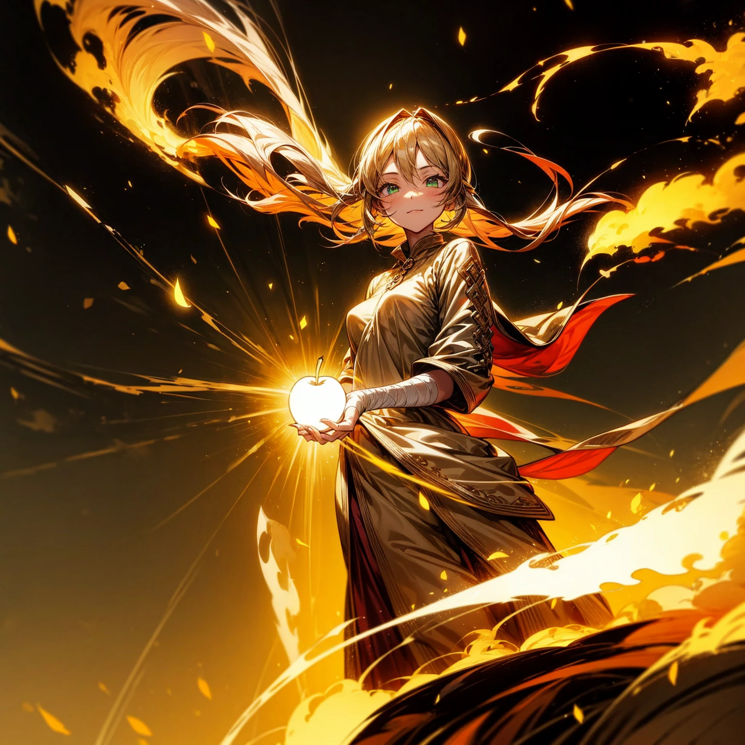 1girl, Full body version, 1character, adult version, green color eyes color, long haircut, brown colour hair, Happy expression, Bandage on his hand, medieval style clothing, gold Apple in hand, background in town, motion blur, aura effect, lighting gold Apple, smoke aura in hand, lighting fire, fire effect, sunlight, Light silhouette, golden light aura, apple emitting smoke aura, (pokemon style art)