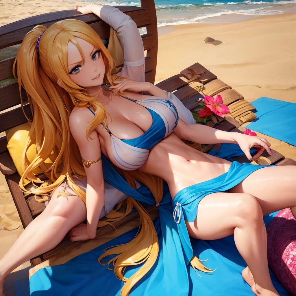 Your influencer character(sexy milf boobs) with long, blond hair sitting on a beach 
. She is dressed in a bikini. and has a lovely expression on her face. colourful and bright colouring. 