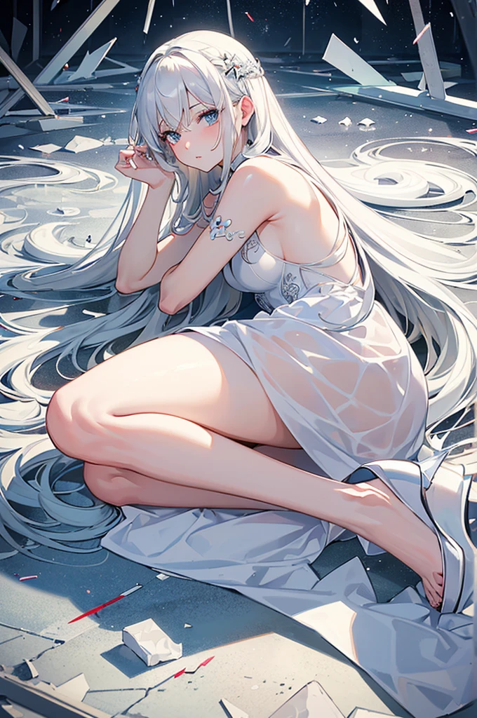 ((best quality)), ((masterpiece)), (detailed), perfect face

Create a picture of a girl with thick long white hair that goes down to her knees wearing a white dress laying down on shattered glass shards