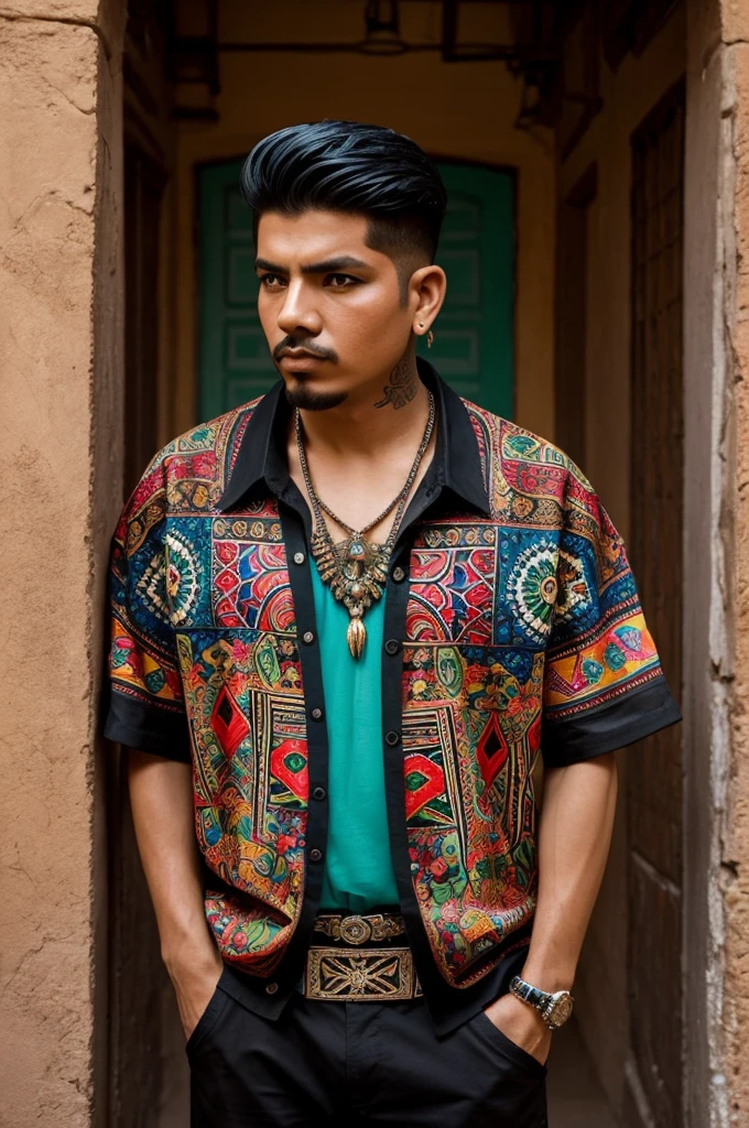 Create a design inspired by cholo fashion with Mexican folklore. The design has to be surreal and extravagant