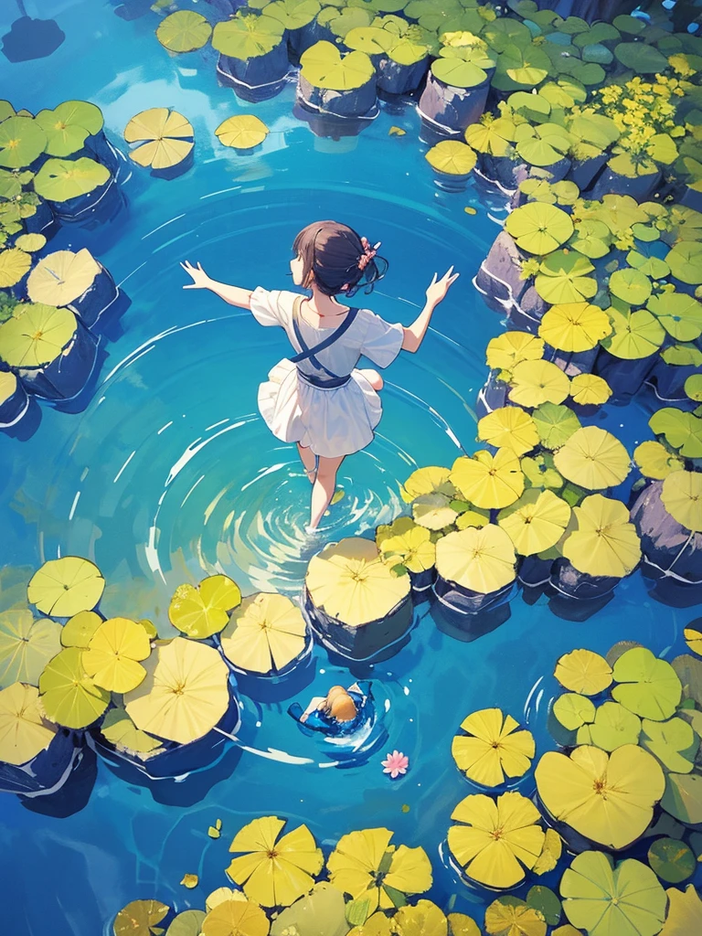 Woman walking on calm water, ((from above:1.5)), From above, Overlooking、Dancing Woman、Bottom Fish, lotus, Pool
