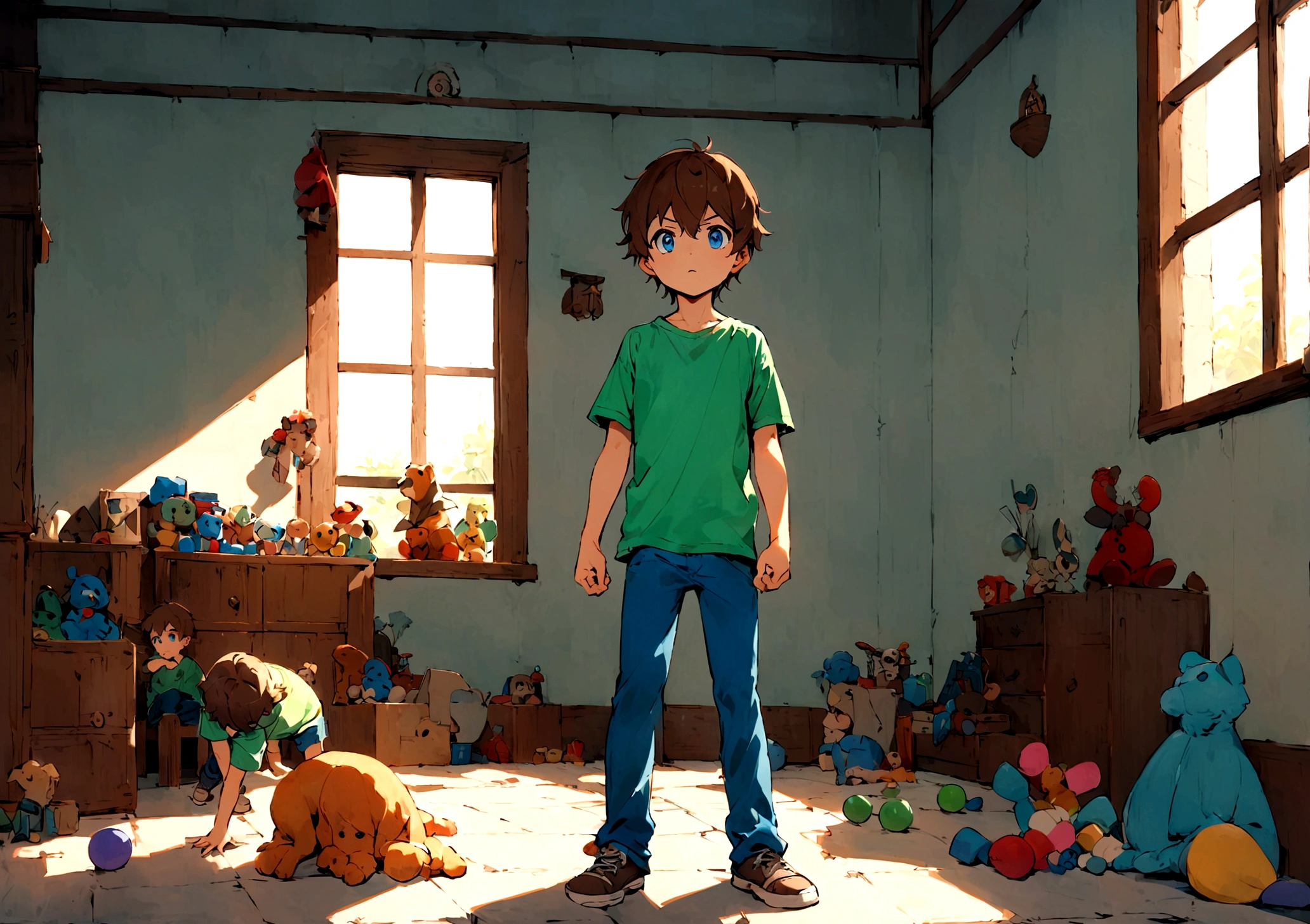 Jack is an eight-year-old boy with tousled brown hair and bright blue eyes. He wears worn-out blue jeans, a bright green t-shirt with and sturdy brown sneakers.Jack is standing in a room, his posture and expression showing determination and resolve. His eyes are focused and thoughtful, his mouth set in a firm line, indicating that he has learned an important lesson and is ready to change his ways. The background features a simple, tidy setting with a few toys neatly arranged and a window letting in soft daylight, highlighting Jack's newfound sense of responsibility and maturity.