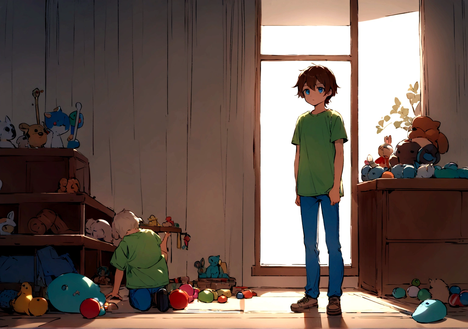 Jack is an eight-year-old boy with tousled brown hair and bright blue eyes. He wears worn-out blue jeans, a bright green t-shirt with and sturdy brown sneakers.Jack is standing in a room, his posture and expression showing determination and resolve. His eyes are focused and thoughtful, his mouth set in a firm line, indicating that he has learned an important lesson and is ready to change his ways. The background features a simple, tidy setting with a few toys neatly arranged and a window letting in soft daylight, highlighting Jack's newfound sense of responsibility and maturity.